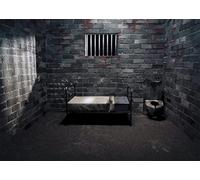 BELECO 2.1x1.5m Toile de Fond en Tissu pour Cellule de Prison,Salle Interdite,Photographie,Cellule de Prison Sombre avec lit,Taches de Sang pour Meurtre,mystère,scène de Crime,décorations de fête