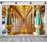 BELECO 2.1x1.5m Toile de Fond en Tissu pour Palais Royal Indien, Palais de Mysore, Karnataka, Inde, colonnes dorées, Plafond en Verre avec lustres Luxueux, Accessoires de Portrait de Voyage Indien
