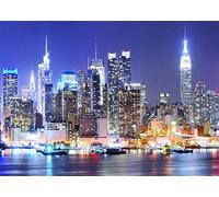 BELECO 2.1x1.5m Toile de Fond en Tissu pour Ville de New York,Gratte-Ciel de Manhattan,Vue Nocturne,Horizon de New York,décorations de fête à thème de New York,séance Photo de Portrait Artistique