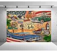 BELECO 2.1x1.5m Toile de Fond en Tissu Vintage sur Le thème de la Route 66,Bande dessinée,Carte routière rétro,Motel,Moto,Voitures Classiques,Route Historique américaine 66,décorations de fête
