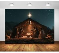 BELECO 2.1x1.5m Toile de Fond Nuit étoile de Bethléem Nativité | Étable crèche Rois mages et naissance de Jésus fond photo pour fête de Noël religieuse et décoration