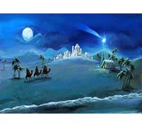 BELECO 2.1x1.5m Toile de Fond pour scène de la Nativité, Nuit de Noël, étoiles, Sainte Famille et Trois Rois, château du désert, mangeoire, Naissance de Jésus, Toile de Fond pour Photo d'église