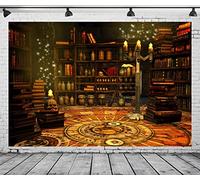 BELECO 2.7x1.8m Toile de Fond pour Salle d'étude de Magicien Magique,pour Photographie,bibliothèque Ancienne,bibliothèque,Livres Magiques,Potions,crânes,Bougies,Elfes,Magicien,Tarot,alchimie