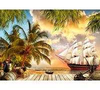 BELECO 3.5x2.5m Toile de Fond en Tissu avec Bateau Pirate,île de Plage,océan,Paysage Marin,Palmiers,Fond en Bois,boîte au trésor,tonneaux de chêne,décorations de fête d'anniversaire d'halloween