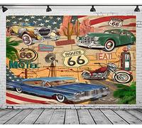 BELECO 3.5x2.5m Toile de Fond en Tissu Vintage sur Le thème de la Route 66,Bande dessinée,Carte routière rétro,Motel,Moto,Voitures Classiques,Route Historique américaine 66,décorations de fête