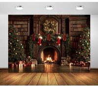 BELECO 3.6x2.5m Toile de Fond Bureau Noël Vintage Cheminée | Toile de Fond Bibliothèque Rétro Couronne Cheminée Sapins Cadeaux Décoration de Fête Hiver Portrait Photo