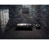 BELECO 3x2.5m Toile de Fond en Tissu pour Cellule de Prison,Salle Interdite,Photographie,Cellule de Prison Sombre avec lit,Taches de Sang pour Meurtre,mystère,scène de Crime,décorations de fête