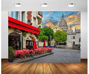 BELECO 3x2.5m Toile de Fond en Tissu pour Photographie de café de Rue de Paris, café de Montmartre, Restaurant, cathédrale, France, décoration de fête à thème de Paris, séance Photo de Portrait