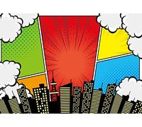 BELECO 3x2.5m Toile de Fond en Tissu Super-héros Super Ville pour Photographie,Bande dessinée,Dessin animé,bâtiments,Gratte-Ciel,Paysage Urbain,décorations de fête d'anniversaire de Super-héros