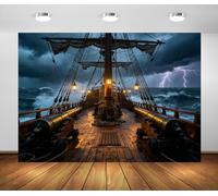 BELECO 3x2.5m Toile de Fond Navire Pirate Nuit Océan Tempête Pluie | Pont de Navire avec Canon Océan Éclairs Toile de Fond Aventure Nautique Halloween Bannière Photobooth