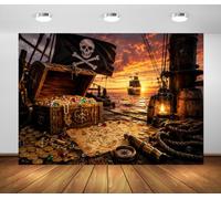 BELECO 3x2.5m Toile de Fond Navire Pirate Trésor Carte Or Boussole | Coucher de Soleil Navire Pirate Coffre Trésor Carte Toile de Fond Aventure Nautique Halloween Photobooth