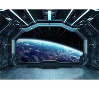BELECO 3x2m Tissu Vaisseau Spatial Futuriste Intérieur Toile de Fond Station Spatiale Vaisseau Spatial Cabine Science-Fiction Photographie Fond Astronomie Planète Terre Fond Photo Accessoires