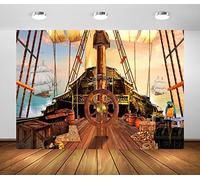 BELECO 3x2mTissu Vintage Bateau Pirate Toile de Fond gouvernail en Bois coffres au trésor Carte au trésor barils Perroquet océan voilier Pirates Nautiques Fond Photo Accessoires