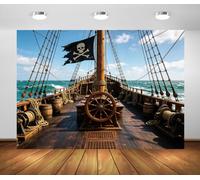 BELECO 3x3m Toile de Fond Pont Navire Pirate Drapeau Crâne Canon | Navire avec Drapeau Crâne Baril Toile de Fond Aventure Nautique Halloween Bannière Accessoire Photo