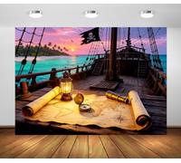 BELECO 5.2x3m Toile de Fond Navire Pirate Coucher de Soleil Île | Navire avec Drapeau Crâne Galion Bois Carte Trésor Boussole Toile de Fond Aventure Nautique Photo