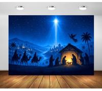 BELECO 6x3m Toile de Fond crèche de Bethléem Nuit étoilée Bleue | Anges Rois mages chameau et Bethléem fond photo pour fête de Noël religieuse décoration et accessoires photo