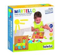Beleduc - Martello : Jeu de Forme à Clouer sur Tableau en Liège, pour Enfants, Inclut 2 Plaques en Liège, 2 Marteaux en Bois, 73 Formes en Bois, 80 Clous et 1 Feuille avec 16 Modèles