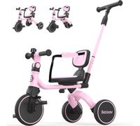 BELEEV 5 en 1 Tricycle Bébé Évolutif Partir 1 an avec Barre Poussée | Draisienne Evolutive avec Pédales, Siège Réglable, Ceinture de Sécurité, Dossier et Cloche pour Garçons et Filles de 1 a 3 An