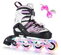 BELEEV Rollers en Ligne pour Enfant 4 Tailles Ajustable, Patins à roulettes avec Lacets et Roues LED Lumineuses, Cadeau pour Débutants Filles, Garçons et Femmes Adolescents et Adultes - Pink L