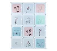 Belfoyer Armoire Etagères Plastiques Enfants, Motifs d'animaux, Placard, Penderie, en Plastique,12 Cubes, pour Le Stockage de vêtements, Jouets, etc.. 105 x 35 x 140 cm (Bleu)