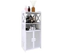 Belfoyer Meuble Toilette Rangement, 3 Niveaux Armoire Colonne 2 Portes Rayees 2 Etageres Ouvertes Bois Plastique Composite Impermeable sans Outil,pour Cuisine WC Entree,Blanc,40x25x90cm