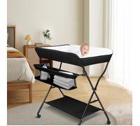 BELFOYER Table à Langer Pliable - Lavage-Séchage avec roulettes et Panier - 4 Hauteur Réglable - Tissu Oxford - Noir - 86x62x96cm