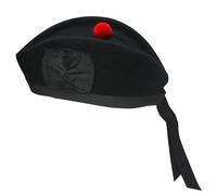 BELGLY Glengarry Casquette traditionnelle écossaise 100 % laine, tartan en laine acrylique, accessoires pour kilts/cornemuse, ruban en coton polyester, Noir uni., 55