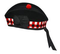 BELGLY Glengarry Casquette traditionnelle écossaise 100 % laine, tartan en laine acrylique, accessoires pour kilts/cornemuse, ruban en coton polyester, Dés noirs et rouges, 55