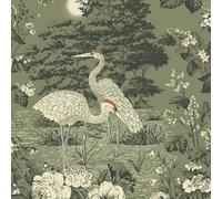 Belgravia Decor Izumi Papier peint japonais oriental élégant sur le thème de la grue Idéal pour les salons, chambres contemporaines, salles à manger et toilettes, revêtement mural en vert 743