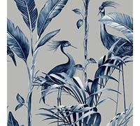 Belgravia Decor Papier peint Azzurra 9506 - Feuilles de palmiers tropicaux - Bleu marine et argenté