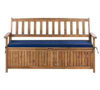 Beliani Banc de Jardin avec Rangement Rustique en Bois d'Acacia 160 cm avec Coussin en Tissu Bleu Sovana