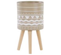 Beliani Cache-Pot Support Plantes Beige avec 3 Pieds en Bois 25 cm de Diamètre Motif Ethnique Peint à la Main pour Extérieur et Intérieur