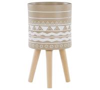 Beliani Cache-Pot Support Plantes Beige avec 3 Pieds en Bois 25 cm de Diamètre Motif Ethnique Peint à la Main pour Extérieur et Intérieur
