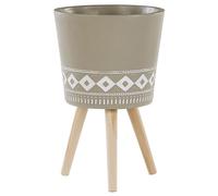 Beliani Cache-Pot Support Plantes Beige Taupe avec 3 Pieds en Bois 35 cm de Diamètre Motif Ethnique Peint à la Main pour Extérieur et Intérieur Boho