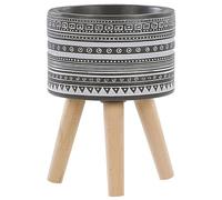 Beliani Cache-Pot Support Plantes Gris avec 3 Pieds en Bois 21 cm de Diamètre Motif Ethnique Peint à la Main pour Extérieur et Intérieur