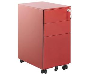 Beliani Caisson de Rangement Moderne pour Bureau à 3 Tiroirs Serrure à Clé roulettes Métal Rouge Bolsena