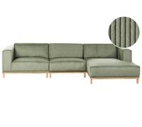 Beliani Canapé d'angle à Gauche 5 Places Moderne en Velours Côtelé avec Accoudoirs Pieds en Bois Vert Veng