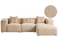 Beliani Canapé d'angle Côté Gauche 3 Places avec Coussins en Velours Côtelé Beige Dolva