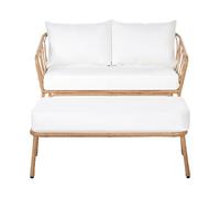 Beliani Canapé de Jardin 2 Places avec Banc Pieds en Acier avec Coussins Blanc Cassé Mobilier de Jardin en Rotin PE Marron Clair Follo
