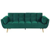 Beliani Canapé Lit Clic Clac Convertible 3 Places en Velours Vert avec Pieds en Bois Idéal pour Salon ou Chambre d'amis au Style Rétro et Scandinave