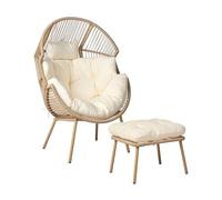 Beliani Chaise de Jardin avec Pouf Repose-Pieds Intérieur Extérieur en Polyrotin Beige Naturel avec Coussins Blanc Murano