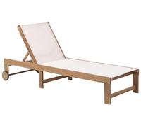 Beliani Chaise Longue en Bois d'Acacia Certifié Assise en Tissu Meuble de Jardin Terrasse roulettes Beige et Marron Clair Pedesina