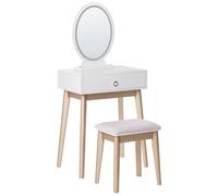 Beliani Coiffeuse Blanc et Doré en Bois de Hêtre MDF et Polyester avec Tabouret Tiroir et Miroir Rosey