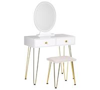Beliani Coiffeuse Blanc et Doré en Métal MDF et Polyester avec Tabouret et Miroir Caen