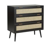 Beliani Commode à 3 Tiroirs en Rotin Façade MDF Noir avec Pieds en Bois d'Hévéa Meuble de Style Boho Opoco
