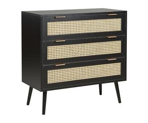Beliani Commode à 3 Tiroirs en Rotin Façade MDF Noir avec Pieds en Bois d'Hévéa Meuble de Style Boho Opoco