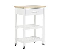 Beliani Desserte sur Roulette avec Large Tiroir Plateau Suppérieur en Bois de Pin et Structure en MDF Blanc avec 2 Plateaux Inférieurs