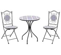 Beliani Ensemble Bistrot de Jardin Table avec 2 Chaises Pliants en Métal avec Mosaïque en Céramique Blanc et Bleu Siponto