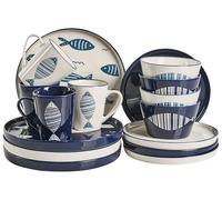 Beliani Ensemble de 16 Pièces de Vaisselle en Porcelaine Fait Main Finition Émaillée Réactive Motif Poisson Blanc et Bleu Tamarind
