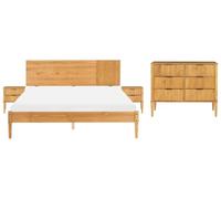 Beliani Ensemble de Chambre Scandinave en Bois de Pin Lit 160 x 200 cm 2 Tables de Chevet et Commode à 6 Tiroirs Marron Clair Flavignac